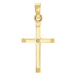 Pendentif Croix Bombée en Or Jaune 375 & Diamant 0,005 ct - W/P1 - Vandona