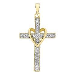 Pendentif Croix & Coeur en Or Jaune 375 & Diamants 0,05 ct, Dimension 16 x 30 mm - Emanessence