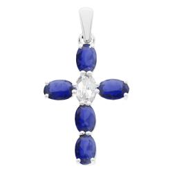 Pendentif Croix en Or Blanc 375 & Pierres Bleues et Oxyde de Zirconium Blanc - Vandona