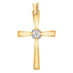 Pendentif Croix en Or Jaune 375 & Diamant Solitaire 0,03 ct - Juweel