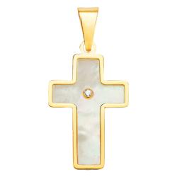 Pendentif Croix en Or Jaune 750 & Nacre et Pierre Blanche - Vandona