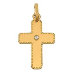 Pendentif Croix Perlée en Or Jaune 750 & Diamantée 0,01 ct - Vandona