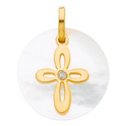 Pendentif Ronde Croix Découpée en Or Jaune 750 & Nacre et Diamant - Vandona