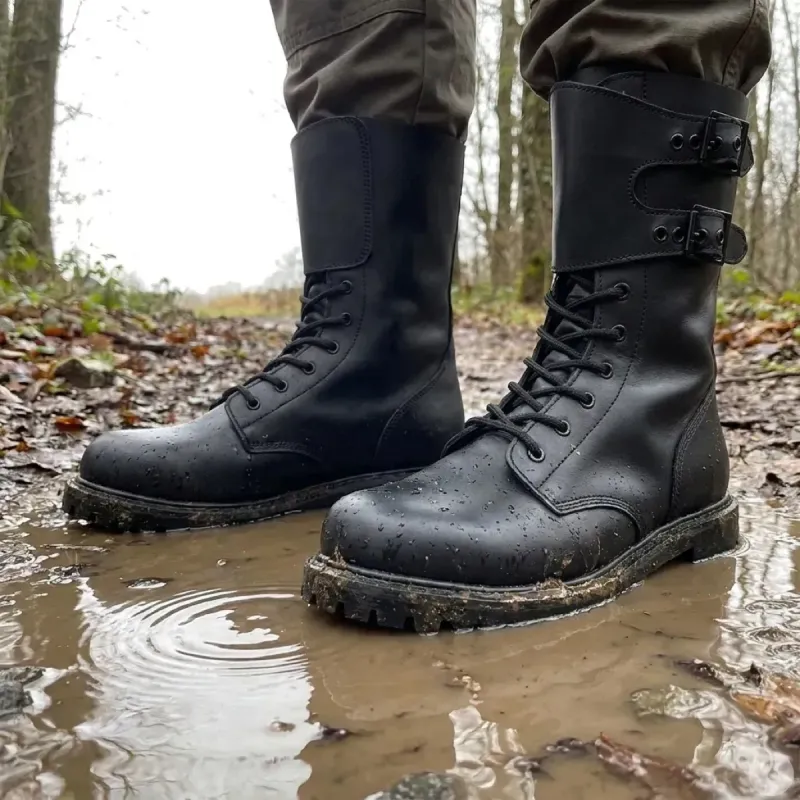 Chaussures Rangers militaire cuir semelle Goodyear noire - Taille 48 - Ducatillon