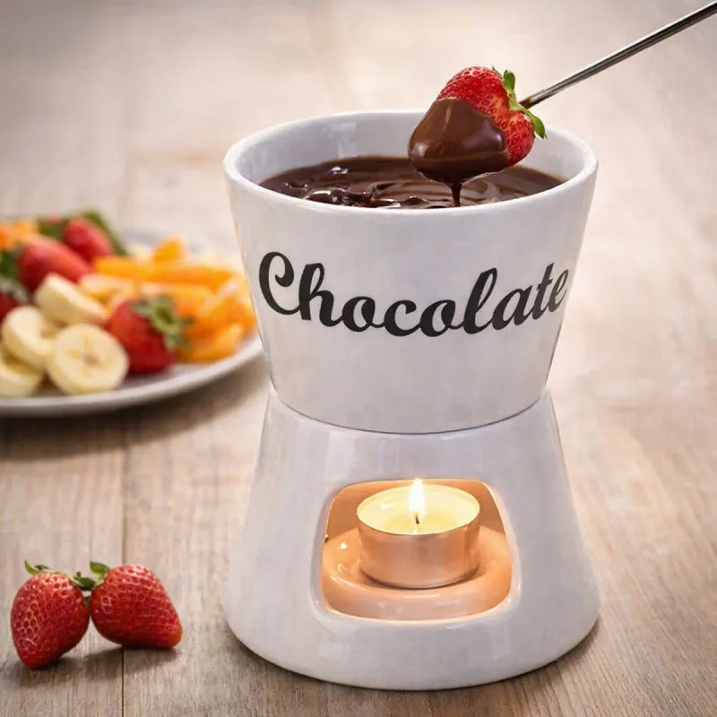 Fondue chocolat porcelaine 12x12x15cm avec 2 fourchettes inox - Ducatillon