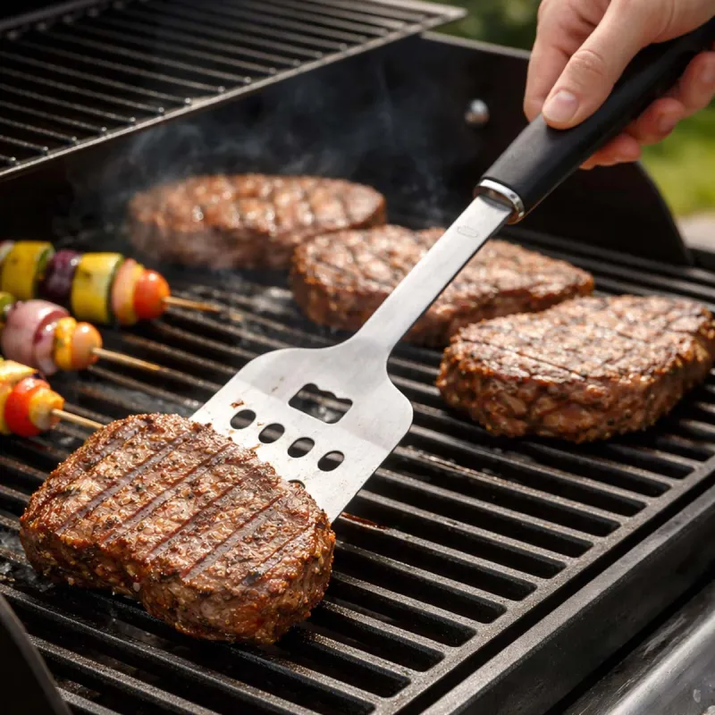 Kit 3 ustensiles barbecue en acier inoxydable - Spatule, fourchette et pince - Ducatillon