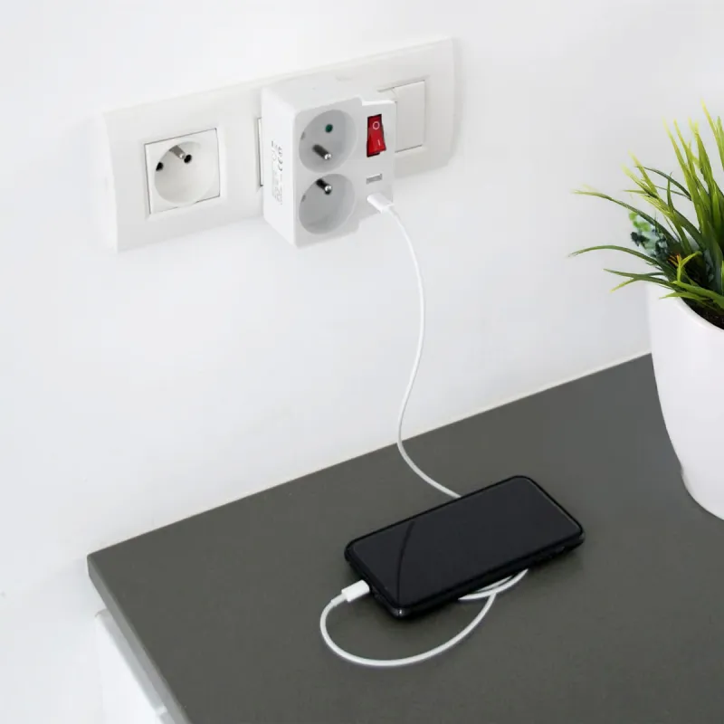 Multiprise Murale Duo USB avec 2 Prises Secteur - Charge Rapide et Sécurisée - Ducatillon
