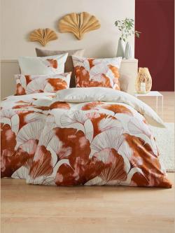 Linge de lit pur coton, Satin maco, marron clair à motifs, taille 135x200 cm - 80x80 cm, helline home - helline