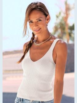 Débardeur en tricot encolure en v affinante, couleur blanc, taille 42/44, marque LASCANA - helline