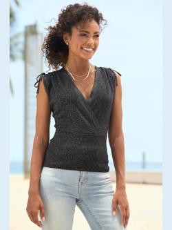 Débardeur en tricot encolure en v aspect superposé, couleur noir, taille 36, marque LASCANA - helline