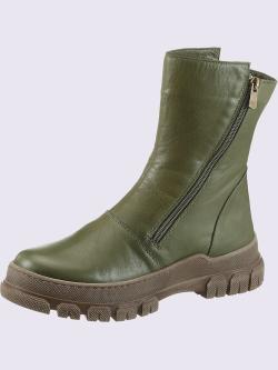 Bottines cuir nappa de vache, couleur : vert olive foncé uni, taille 36, 100% cuir de vache - helline