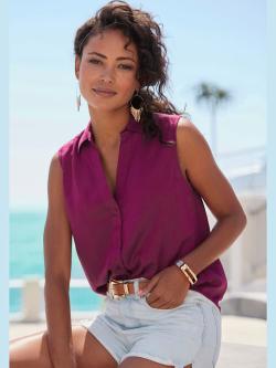 Débardeur col chemisier classique, couleur violet, taille 40, marque LASCANA - helline