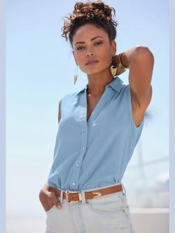 Débardeur col chemisier classique, couleur bleu, taille 46, marque LASCANA - helline