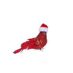Oiseau à clipser rouge à paillettes avec bonnet Noël