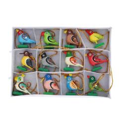 Coffret de 12 suspensions oiseaux en bois peints à la main