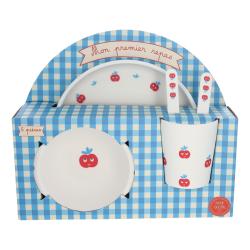Coffret repas en mélamine vichy bleu - Vichy chéri