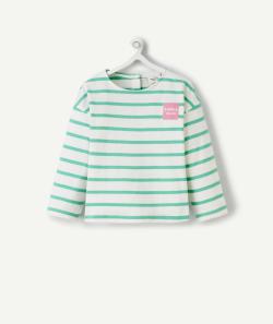 T-shirt bébé fille en coton bio blanc à rayures vertes avec patch brodé rose - 3 M