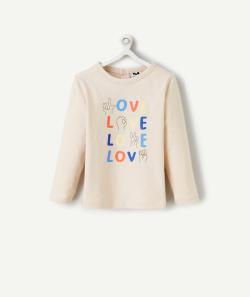 T-shirt manches longues bébé garçon en coton bio beige motif love - 24 M