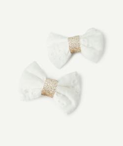Lot de 2 barrettes bébé fille avec noeud blanc brodé couleur dorée - TU
