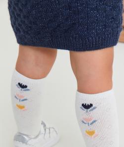 Chaussettes hautes bébé fille blanches avec fleurs - 15-17