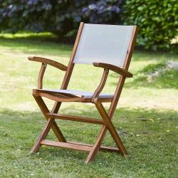 CODE BFRIDAY10, -10% sur Fauteuil de jardin en bois massif acacia massif et textilène gris pliant, Acacia FSC 100% et textilène, Marron, H89 cm L40.5